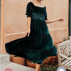 Medium Vivaldi Smocked Velvet Midi Dress by Baltic Born (dark green)